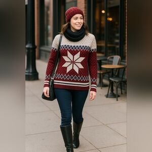 Kaily K Womens Sz L Multicolor Snowflake Fair Isle Mock Neck Pullover Sweater